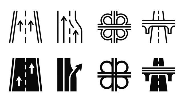 Road infrastructure and highway intersection icon set with intersection transport infrastructure junction navigation