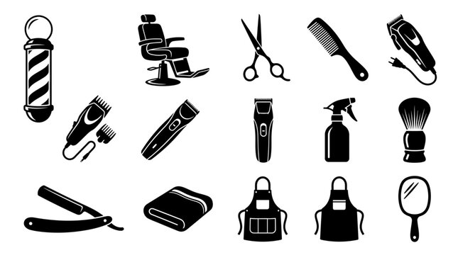 Set of professional barber shop tools and equipment icons.