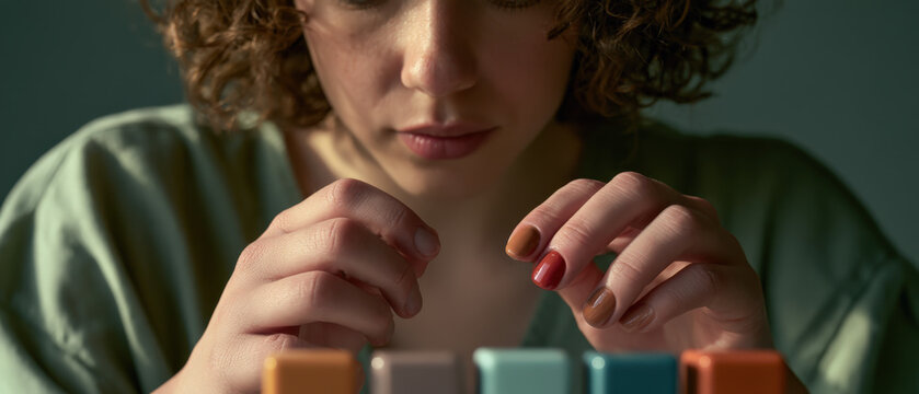 Young woman focuses intently on colorful blocks