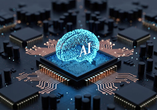 A glowing blue brain with the letters ai at its center, surrounded by intricate circuitry and computer chips on a dark background.