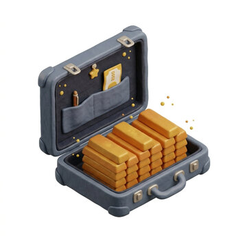 Open briefcase filled with gold bars and financial elements