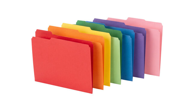Colorful file folders in rainbow spectrum, organized office stationery for document management, vibrant paper manila folders for filing system isolated PNG with Transparent Background