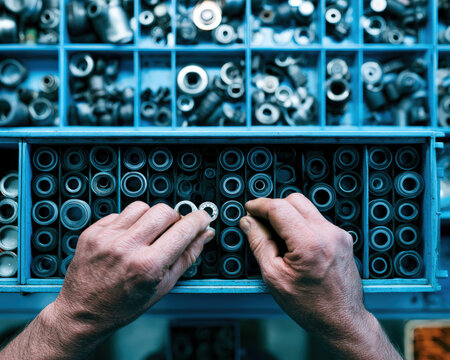 Hands select small metal parts from a blue tool tray