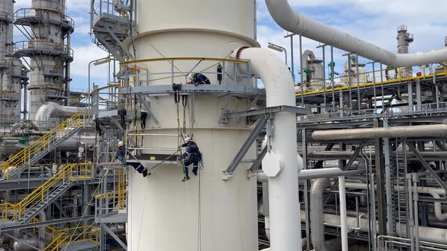 Aerial high angle shot of technicians repairing a plant in an oil or chemical refinery. Industrial rope access workers descending to grind and repair a turbine. Working at height. Rappelling, Abseilin