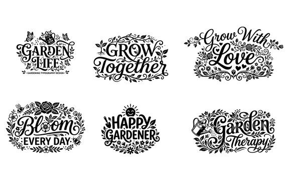 Set of black and white floral garden typography quotes with decorative leaves and flowers for spring season design