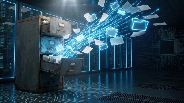 Digital Data Transfer: An antique filing cabinet bursts open, releasing a vibrant stream of digital data into a futuristic server room.