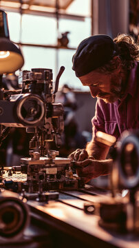 Craftsman works with focused attention on mechanical assembly