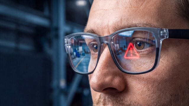 Engineer wearing smart glasses with glowing red warning alert icon on augmented reality display