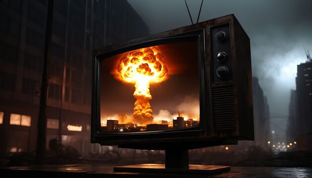Floating retro television broadcasting nuclear catastrophe