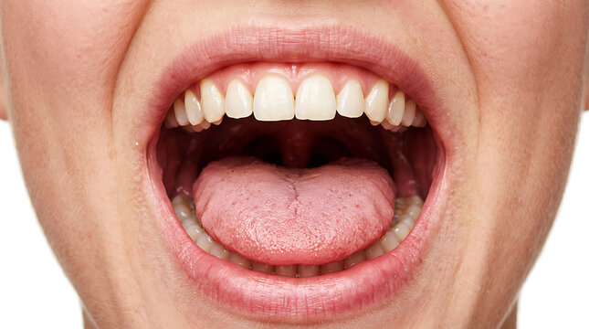 Close-up of open mouth showing teeth and tongue