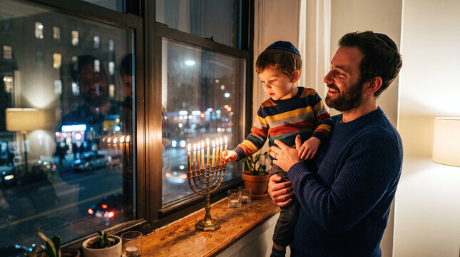 Father and young son lighting a Hanukkah menorah on a window sill at night.