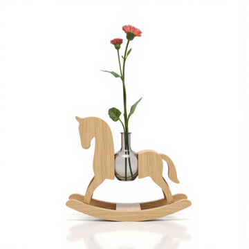 Rocking toy vase. A wooden rocking horse with a small vase on its back holds a flower (Lavatera trimestris), isolated