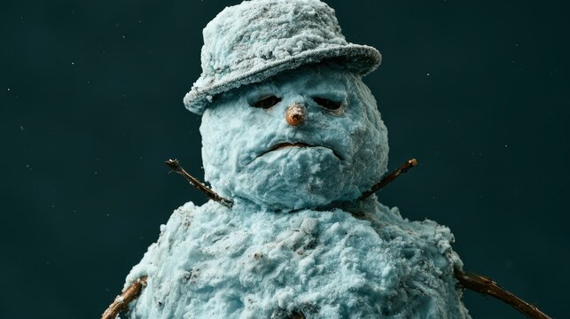 Sad snowman with melted face and stick arms wearing old hat winter cold