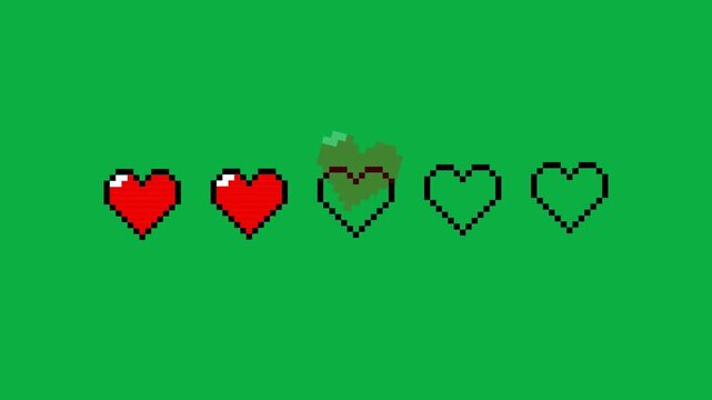 Pixel Heart Health Bar Dynamic Sequence with Vibrant Red Eight Bit Symbols and Status Icons for Gaming User Interface Overlays in 4K video