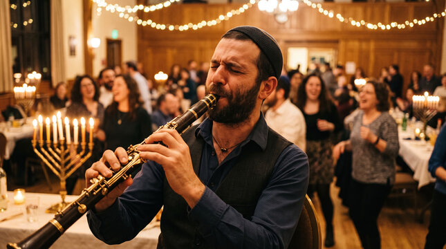 Clarinetist playing klezmer music at a festive Jewish Hanukkah celebration