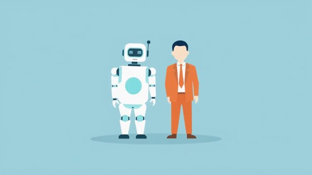 Flat Illustration Robot and Businessman Together, AI Collaboration Concept