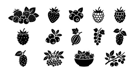 Set of hand drawn berry icons in black and white style. © Matcha