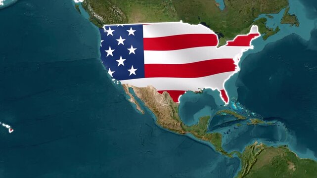 United States Flag Map Over North America Satellite View, USA Map Overlay on Earth, American Flag Map on Globe, North America USA Location Concept