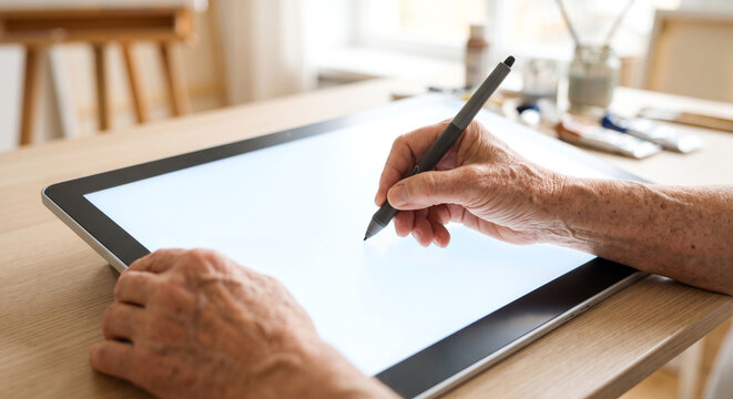 Old hand drawing with pen on digital tablet with blank white screen on wooden table.