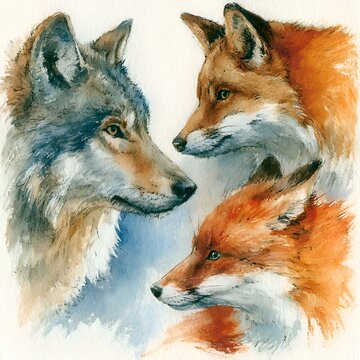 Watercolor painting of a majestic grey wolf and two red foxes portraits