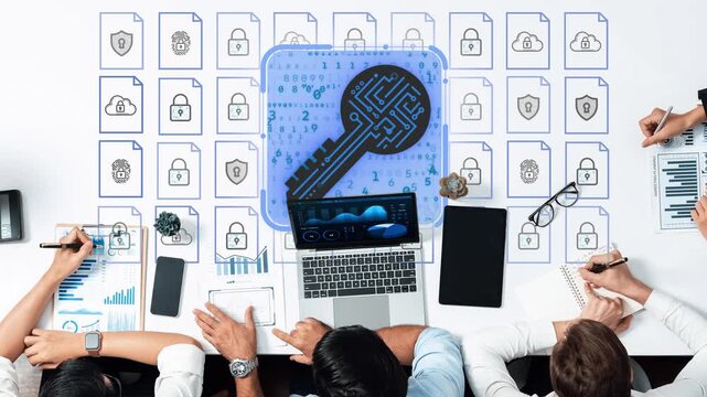 Business team working with digital security concepts and data analytics in modern office, featuring key symbol and secure documents on desk. Entropy.
