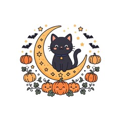 Fototapeta premium A cute black cat sitting on a crescent moon surrounded by pumpkins and flying bats in a whimsical hand drawn halloween illustration style