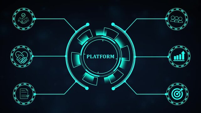 Dynamic digital platform ecosystem diagram with distributed service nodes, unified central hub, and interconnected analytic elements visualizing modern technological operations.4k motion graphics