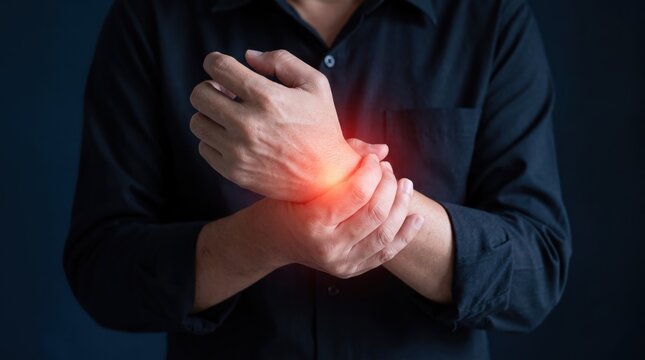 Man holding painful wrist with red glowing effect indicating injury or arthritis pain against dark blue background representing health issues and medical concept