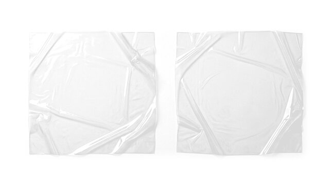 Two square wrinkled translucent plastic film wraps on a transparent background