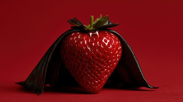 Close-up of ripe strawberry with black bat wings on red background