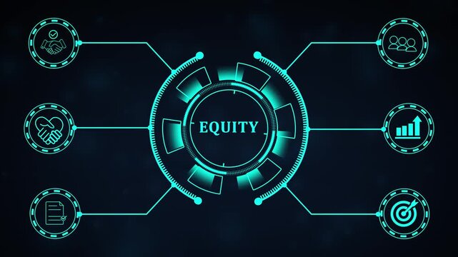 Business equity and shareholder value concept with icons for ownership, investment, fairness, and capital distribution.4k motion graphics video