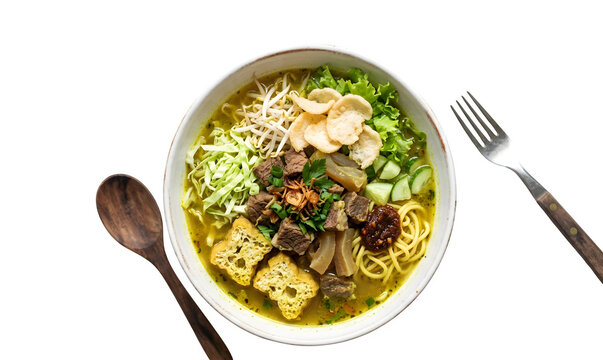 Traditional Indonesian Tahu Campur Lamongan with tofu, beef, vegetables, and savory yellow 