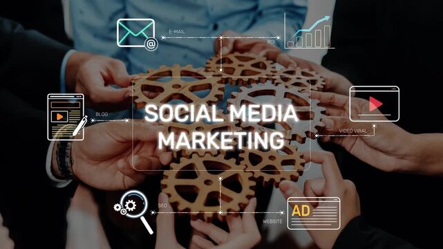 This image captures multiple hands collaborating around interlocking gears, symbolizing teamwork in social media marketing and the drive for online engagement and success. Raster