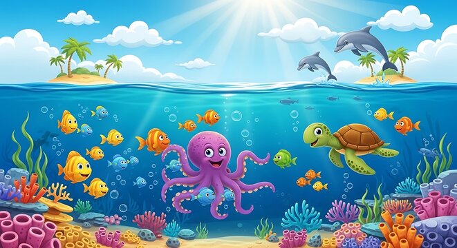 Vibrant underwater cartoon scene with friendly sea animals