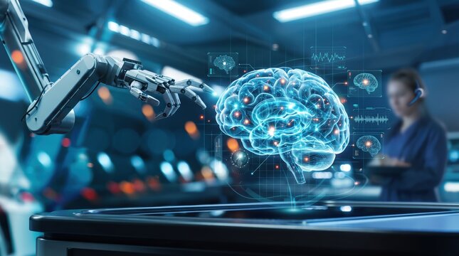 Futuristic of artificial intelligence brain connected to robotic hand representing machine learning neural network and advanced cyborg technology in digital blue.