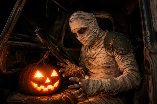 A person dressed in a mummy costume sitting inside an old rusty truck with a glowing jack-o-lantern pumpkin in the dark night atmosphere