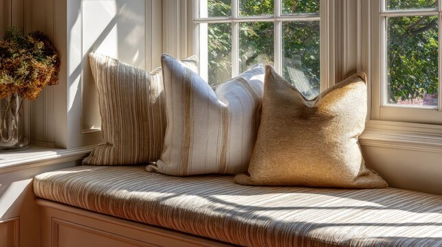 Cozy window seat with textured pillows bathed in warm sunlight creating a serene reading nook