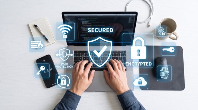 Cyber security with laptop showing secured encrypted data protection, digital privacy shield and firewall icons, online safety and information technology network defense system