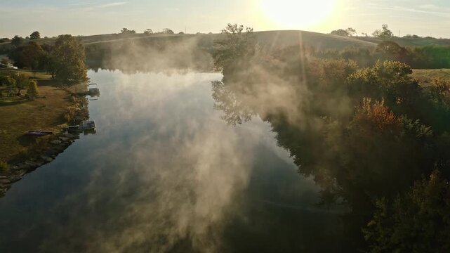 Aerial Time Lapse of Morning Fog Over Small Lake Near Georgetown Kentucky