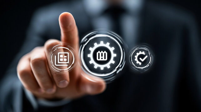 Businessman taps a digital gear button to access project management tools and verified status reports.