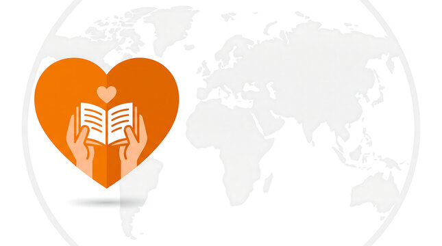 Modern charity banner with hands holding open book and globe on white