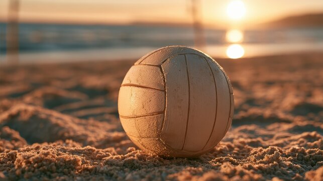 A close-up of a volleyball resting on sand at sunset on a beach, with the sun reflecting on the water in the background.
