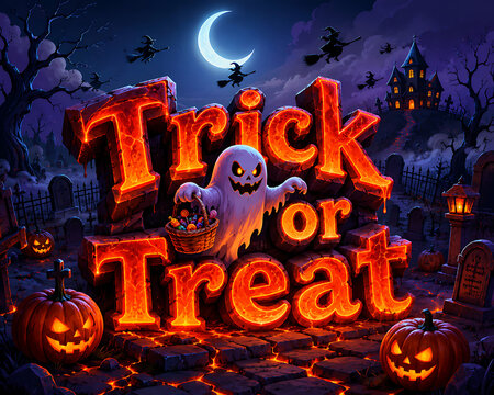 Trick or treat halloween scene with a ghost holding a candy basket, glowing pumpkins, and a spooky haunted house under a crescent moon night
