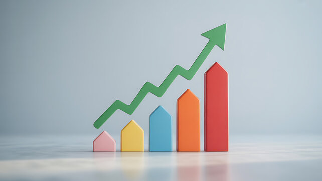 A colorful bar chart with a rising green arrow indicates financial growth and success.