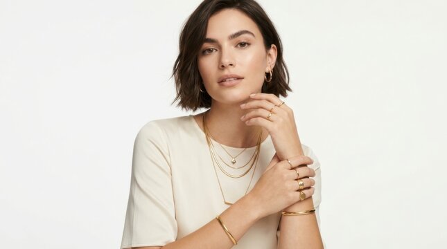 Beautiful young woman wearing gold jewelry necklaces and rings looking at camera isolated on a transparent background isolated on white background