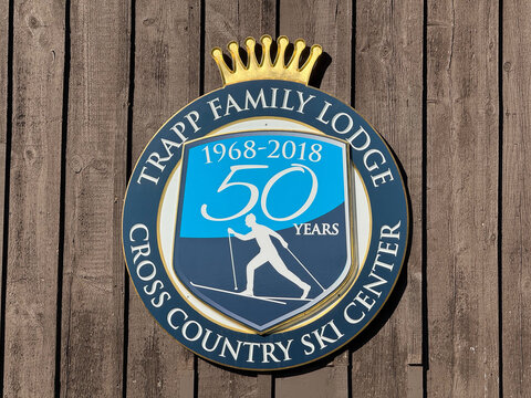 Anniversary sign for Trapp Family Lodge Cross Country Ski Center - Stowe, Vermont, USA - September 30, 2025