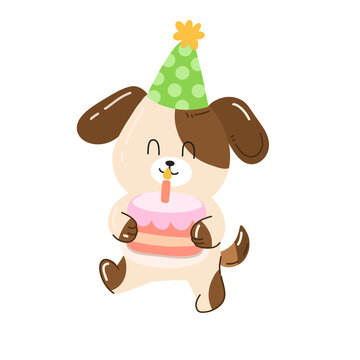 Birthday puppy character holding birthday cake illustration. Dog with party hat clipart isolated.
