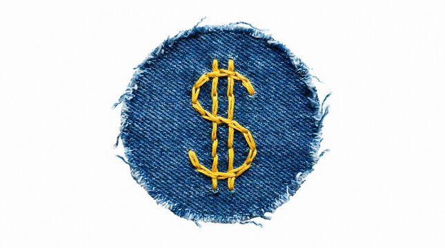 Embroidered dollar sign on a distressed denim patch, golden thread currency symbol, financial concept on blue fabric, money and wealth illustration for business and economy.
