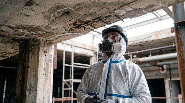 Hazardous site inspector in protective coveralls examining structural concrete damage and exposed reinforcement metal bars in an abandoned building