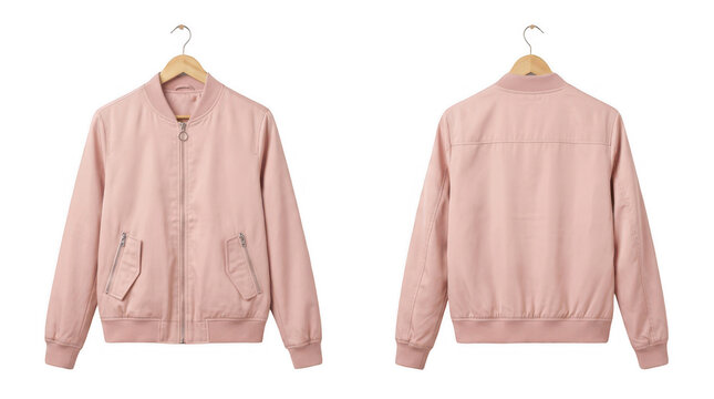 Pink bomber jacket front and back view on hanger with clothing outerwear isolated background template